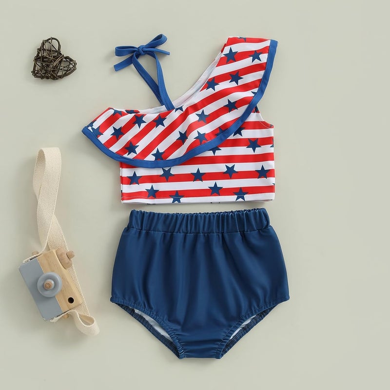 Mobbdow Toddler Baby Girl 4th of July Bathing Suit Two Piece Swimsuit Bikini One Shoulder Ruffle Tops Bottoms Swimwear Set - Image 2